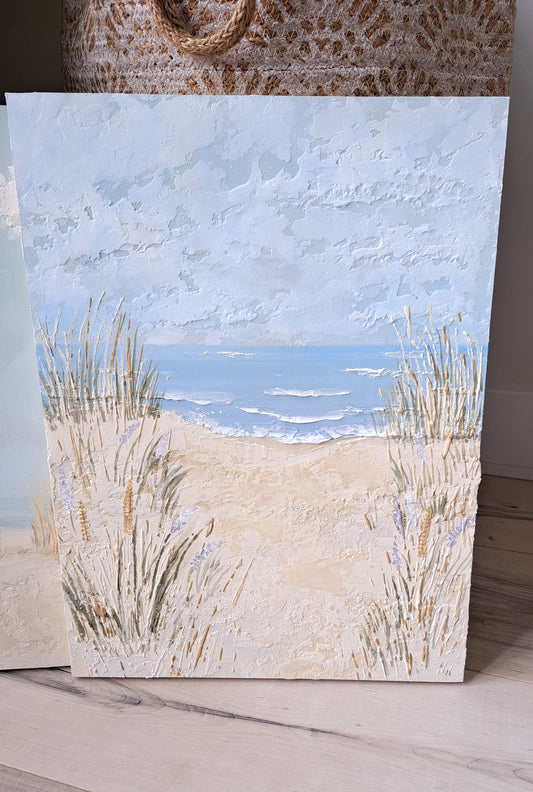 Textured hand-painted scenic beach painting on solid wood panel.