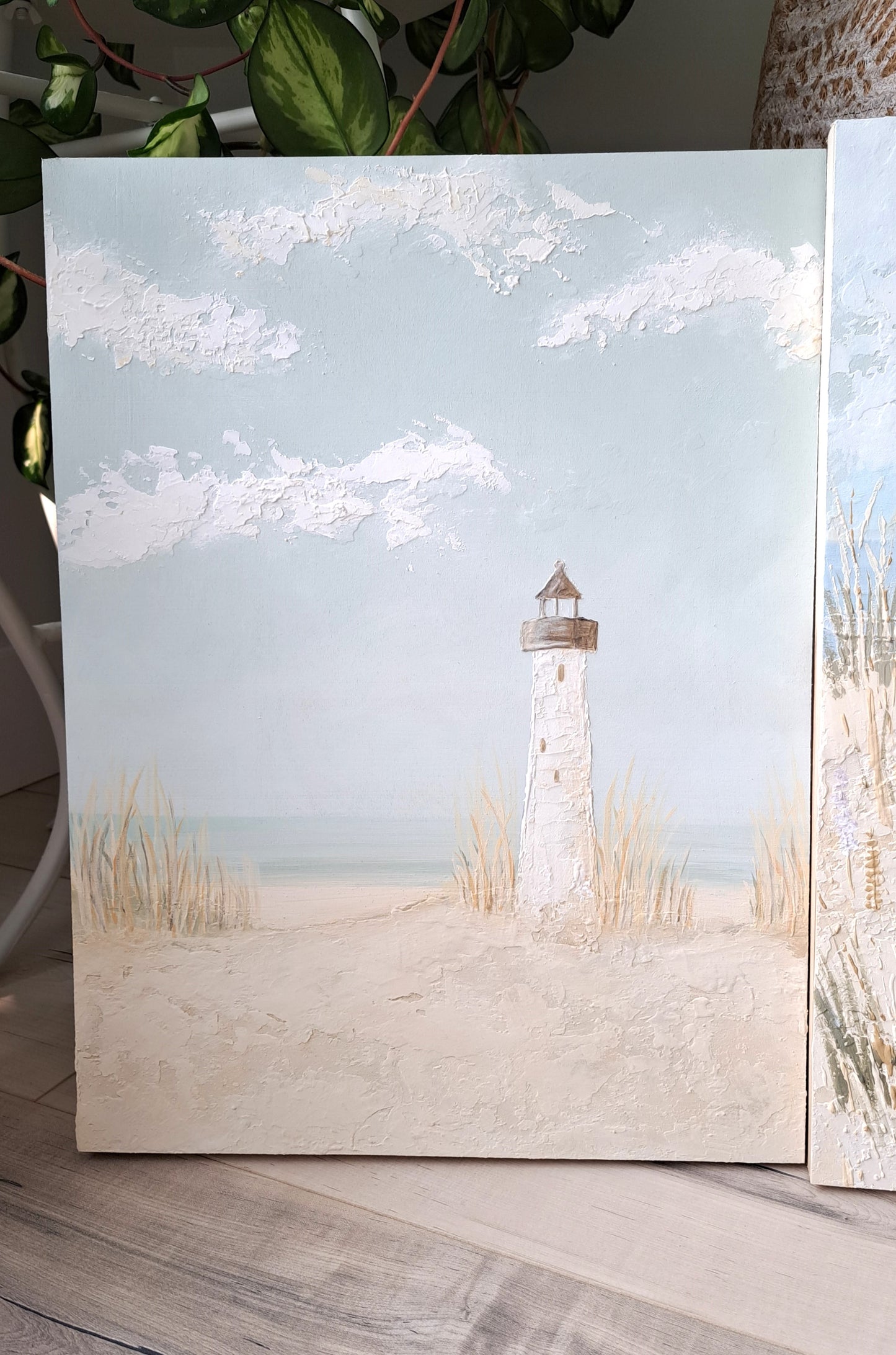 Textured hand-painted scenic beach painting on solid wood panel.