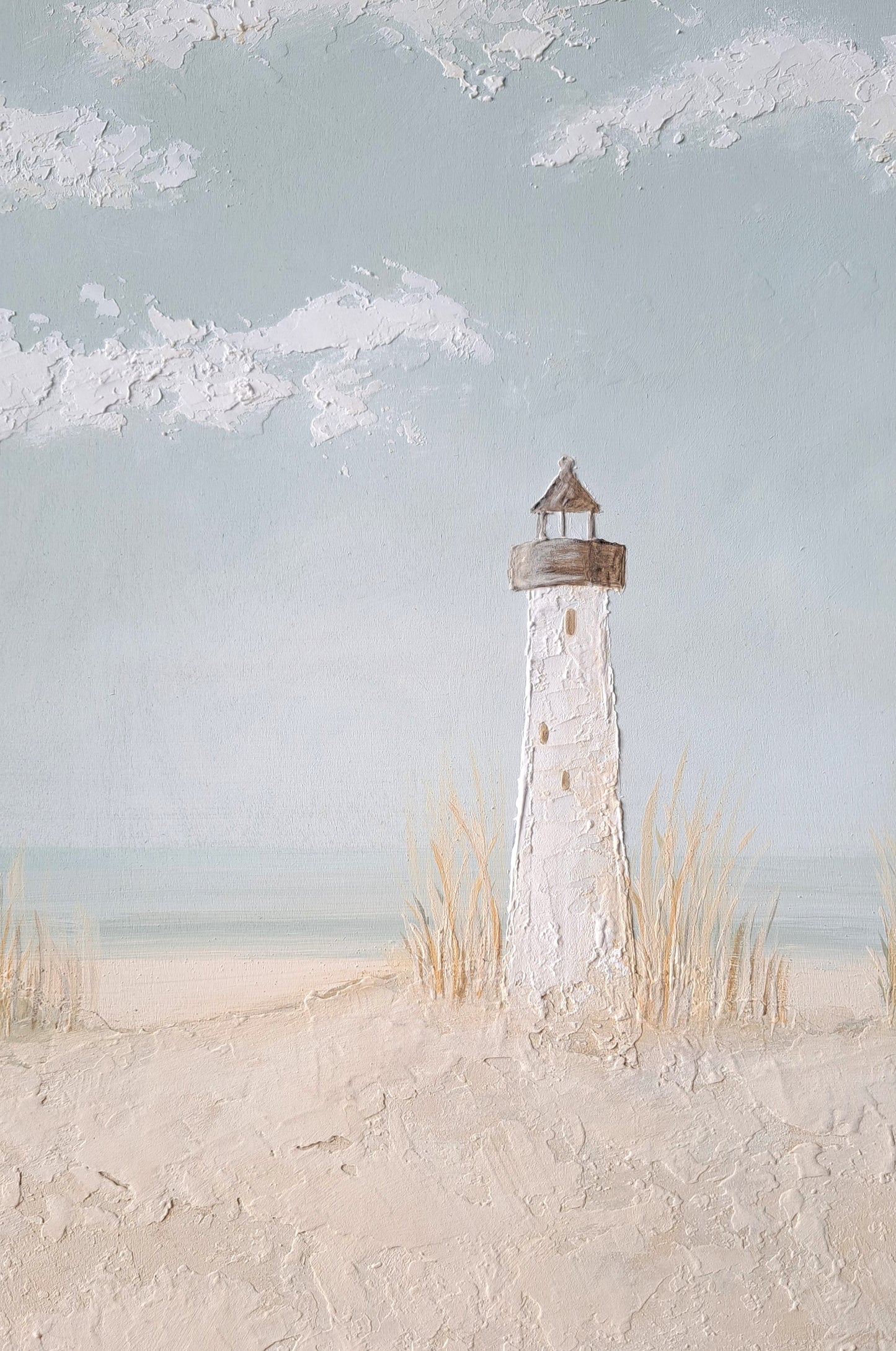 Textured hand-painted scenic beach painting on solid wood panel.