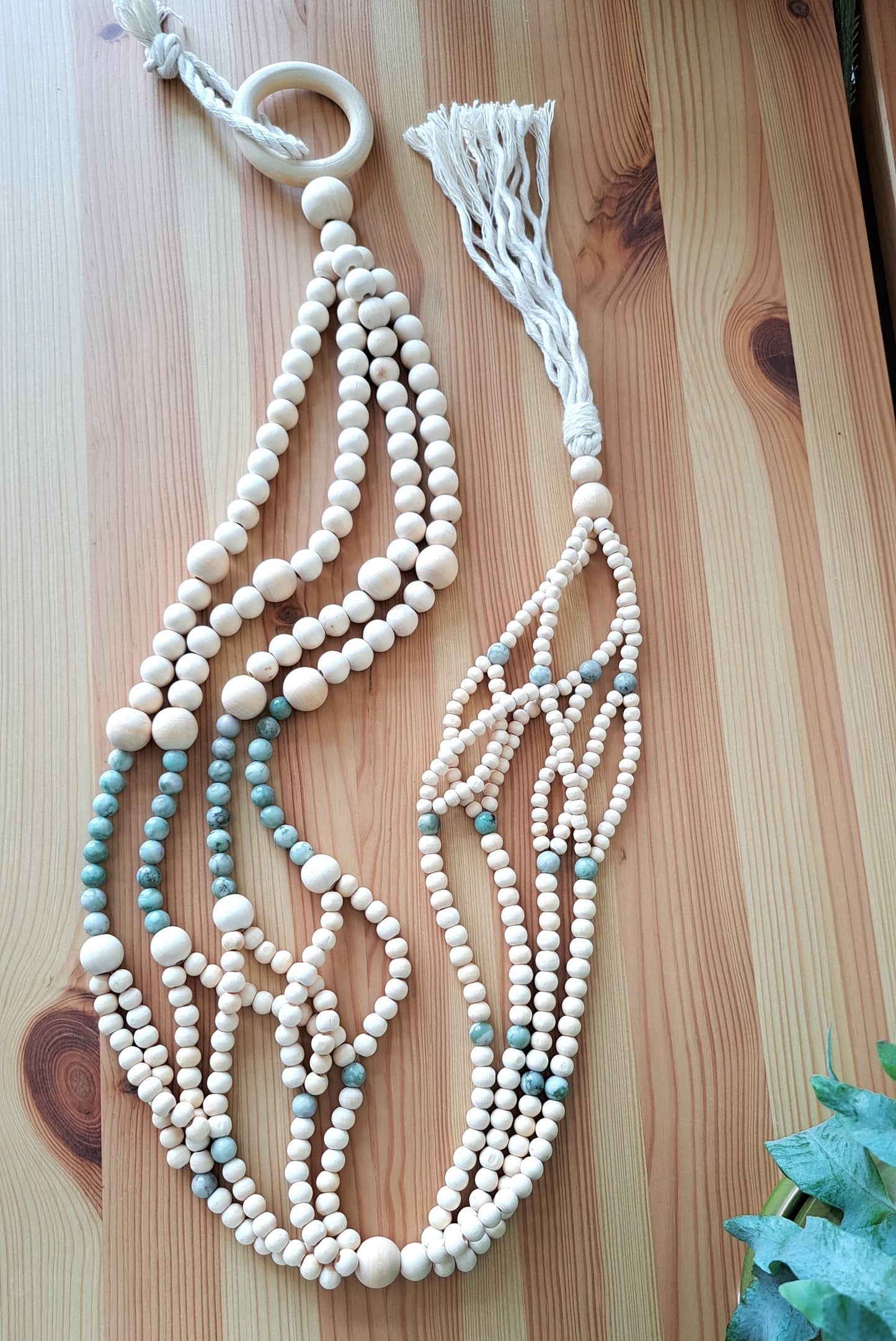 Peace Jade Stone and Wooden Bead Plant Hanger