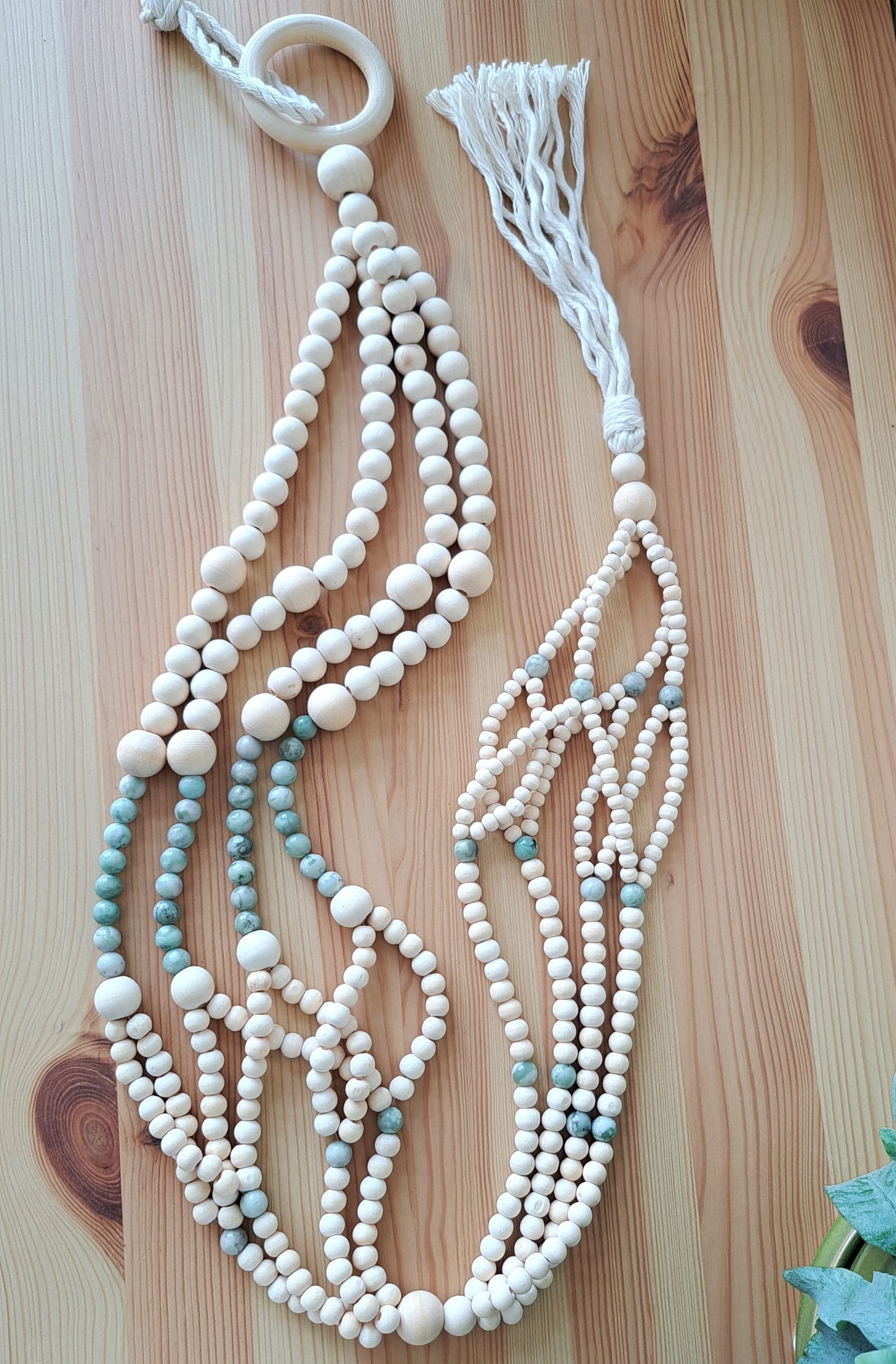 Peace Jade Stone and Wooden Bead Plant Hanger