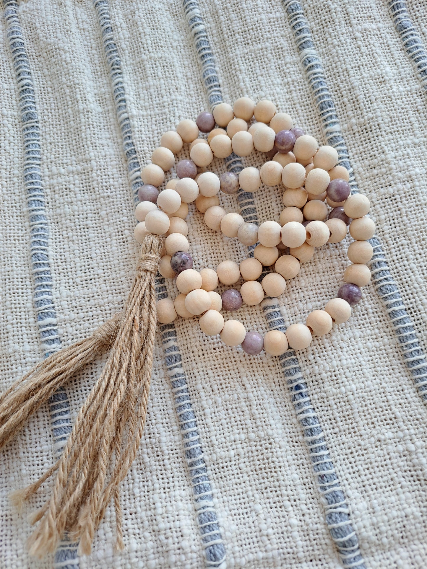 Lepidolite Stone and Wooden Bead Garland