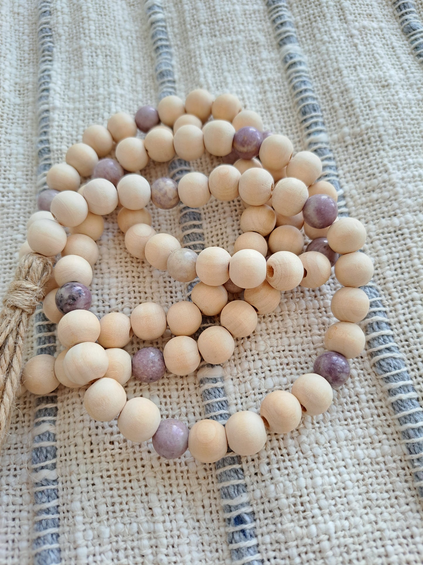 Lepidolite Stone and Wooden Bead Garland