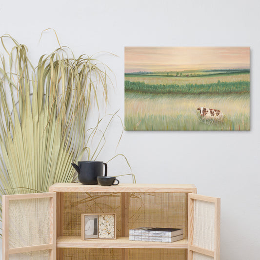 Weathered Landing's Cow at Sunset Canvas Wall Art Print. Canvas art prints made in Canada and US. Beautiful in a farmhouse, country, or rustic home. Find a variety of home decor and canvas wall art prints at Weathered Landing. Located in Komoka, Ontario, local delivery is available. Shipping to Canada and the US.