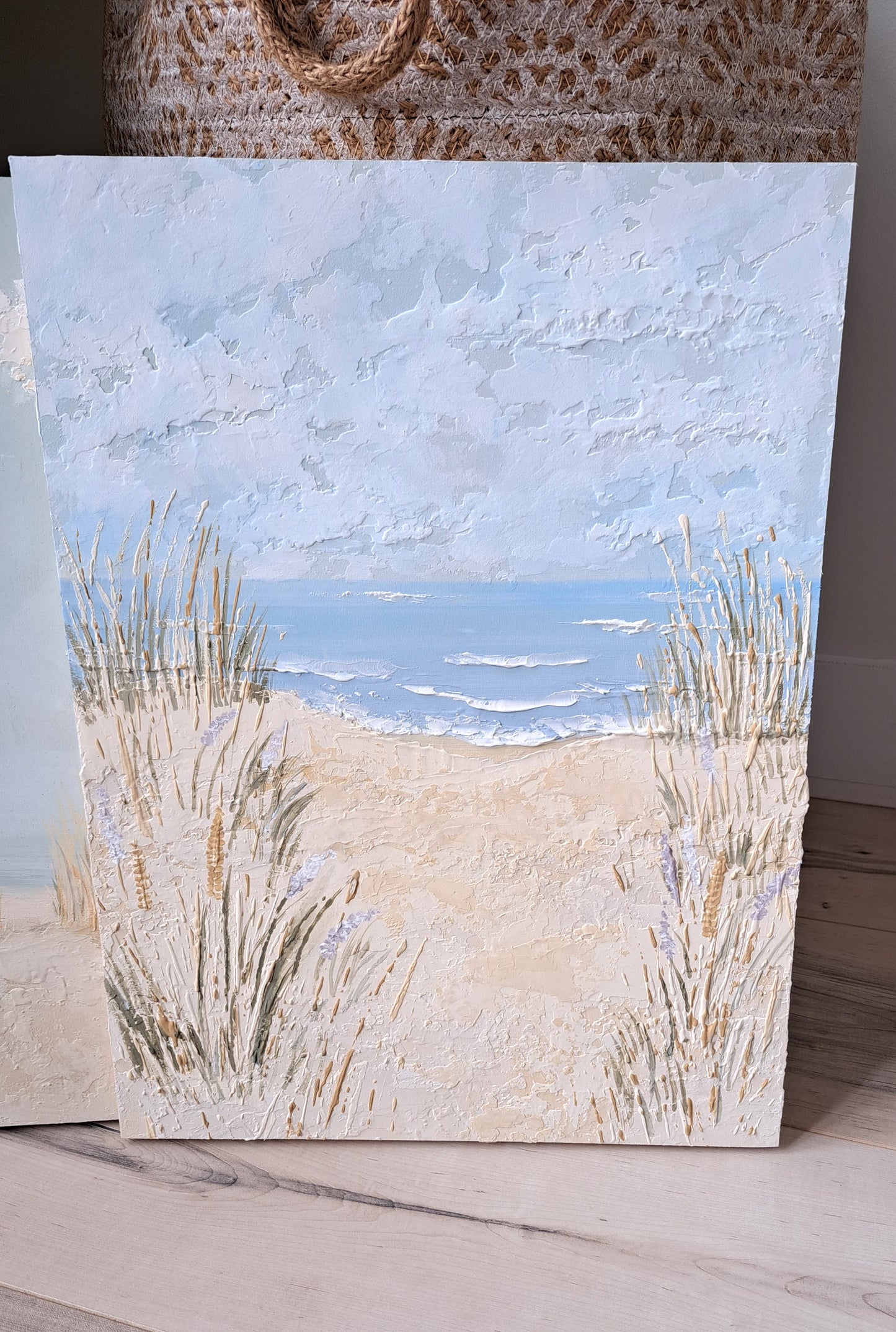 Textured hand-painted scenic beach painting on solid wood panel.