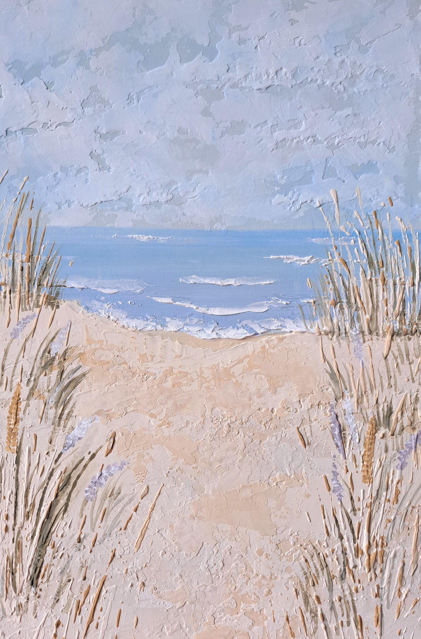 Textured hand-painted scenic beach painting on solid wood panel.