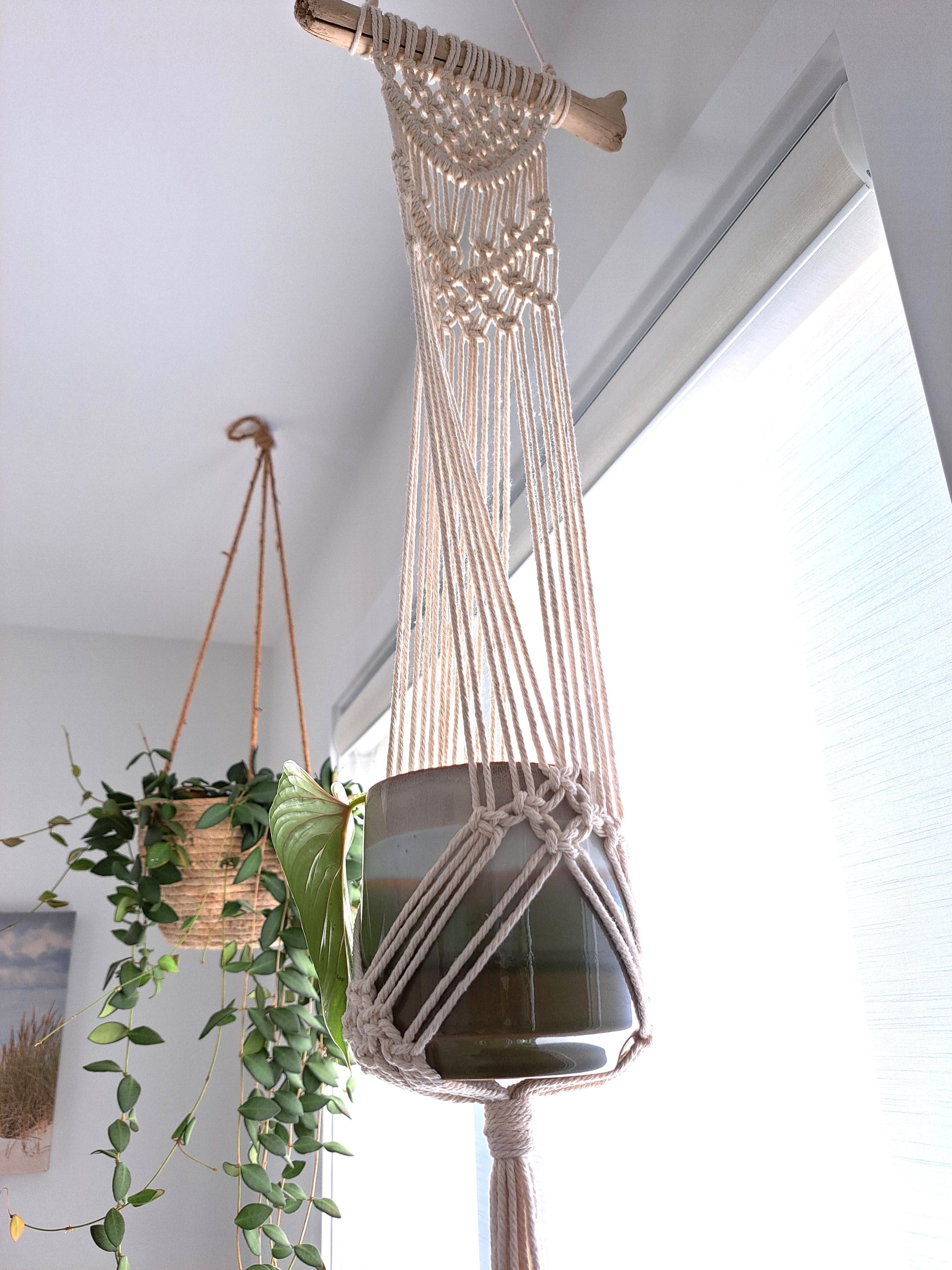 Weathered Landing's handmade driftwood macrame plant hanger that fits a 4 inch pot best. Display your hanging plants in this intricate boho plant hanger. Adds texture and natural elements to your space. Located in Komoka. Shipping to Canada and US.