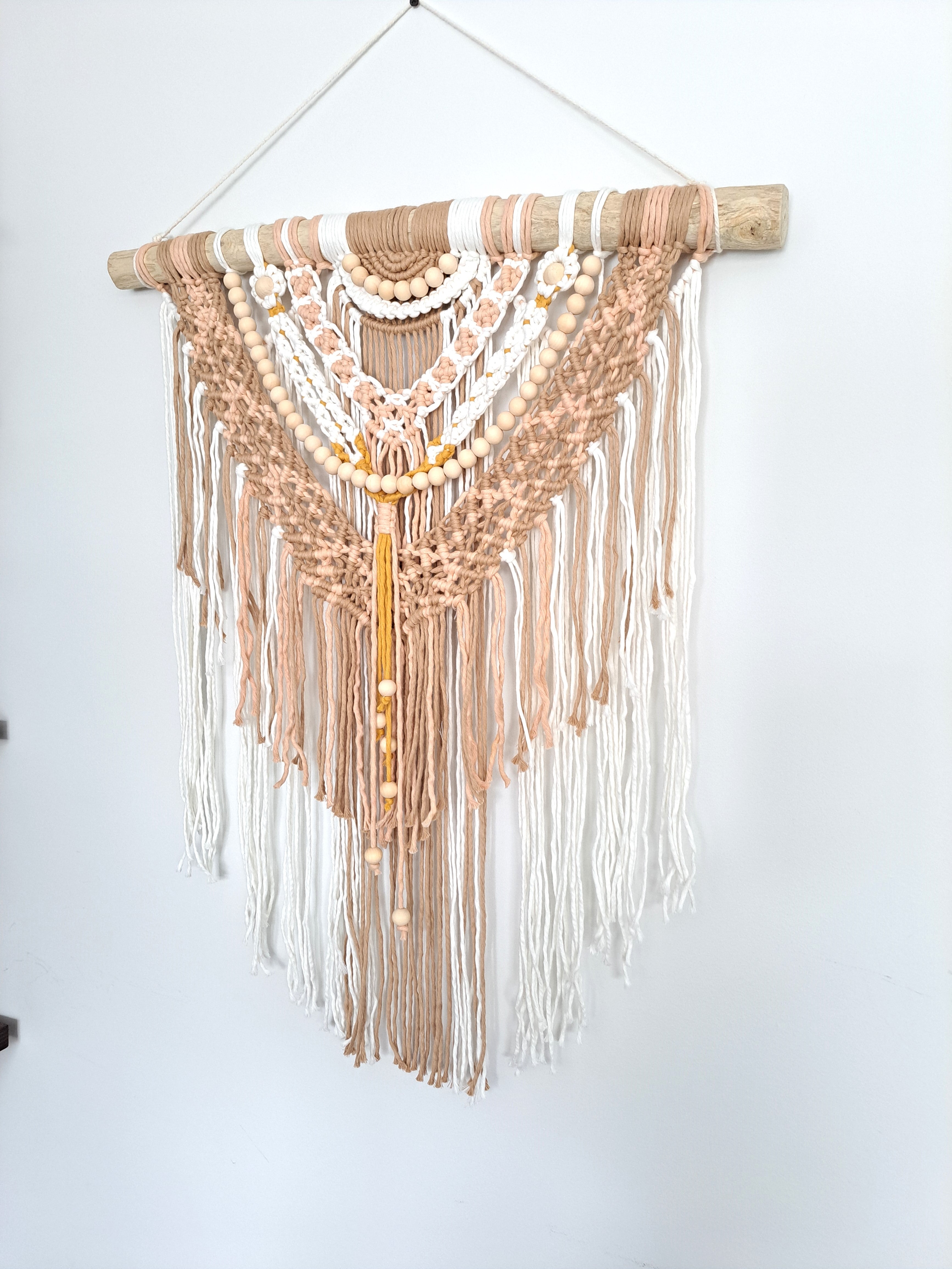 Boho Pink and Tan Macrame and Driftwood Wall Hanging Weathered