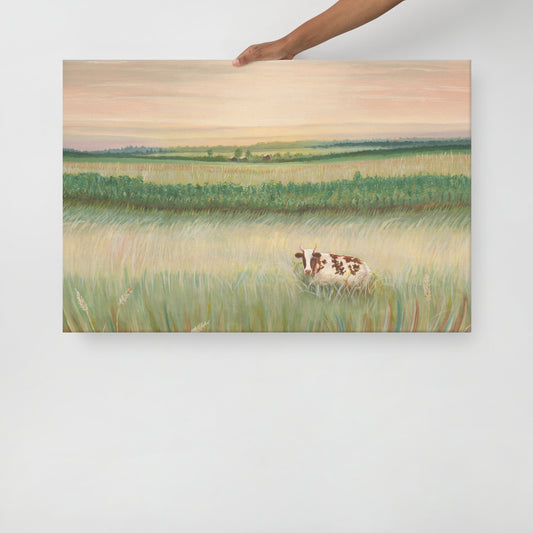 Weathered Landing's Cow at Sunset Thin Canvas Wall Art Print. Canvas art prints made in Canada and US. Beautiful in a farmhouse, country, or rustic home. Find a variety of home decor and canvas wall art prints at Weathered Landing. Located in Komoka, Ontario, local delivery is available. Shipping to Canada and the US.